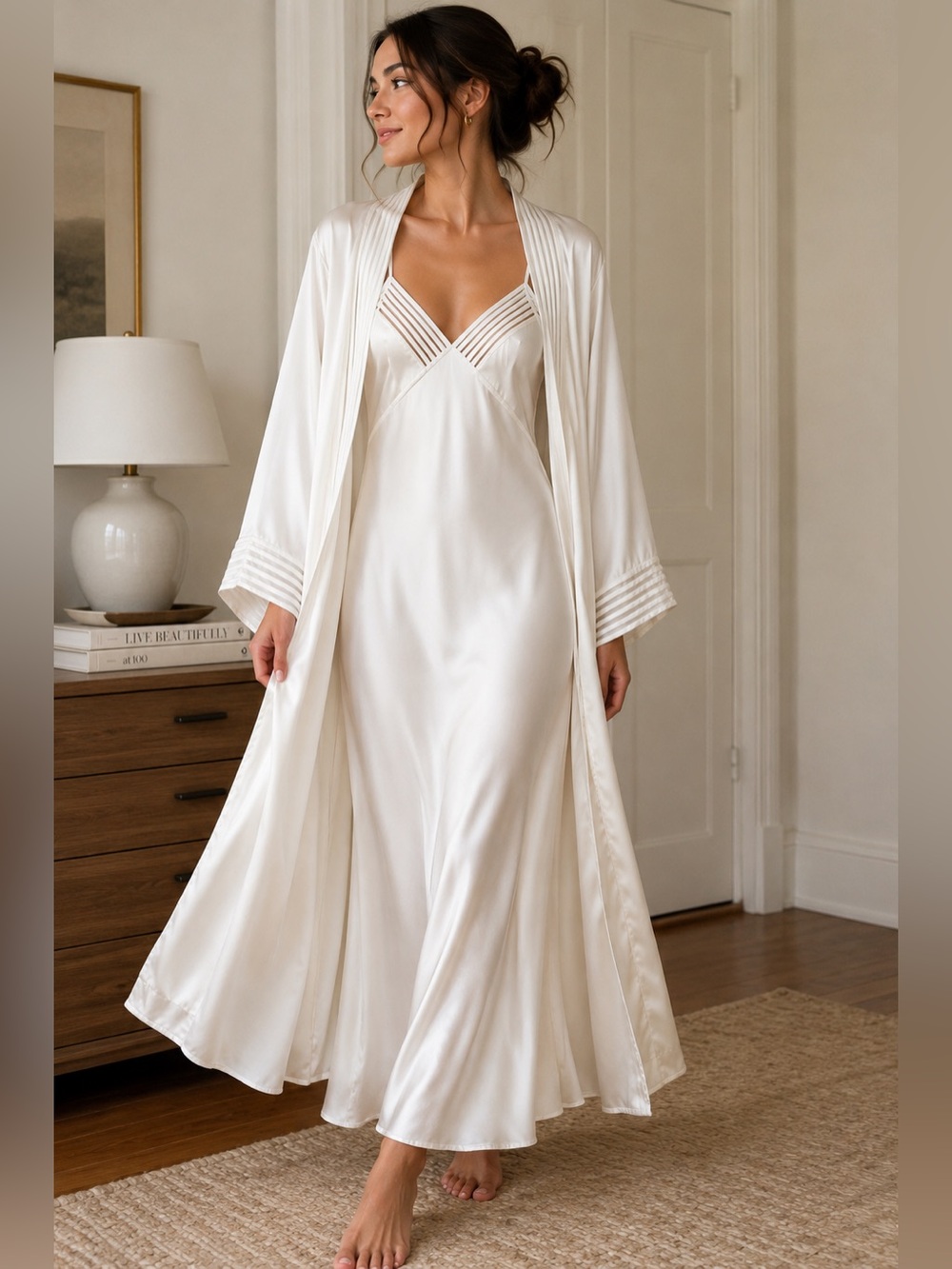 Natori 2 Pc Ivory Satin Nightgown & Robe Pintuck Trim Long Luxury Sleepwear M
